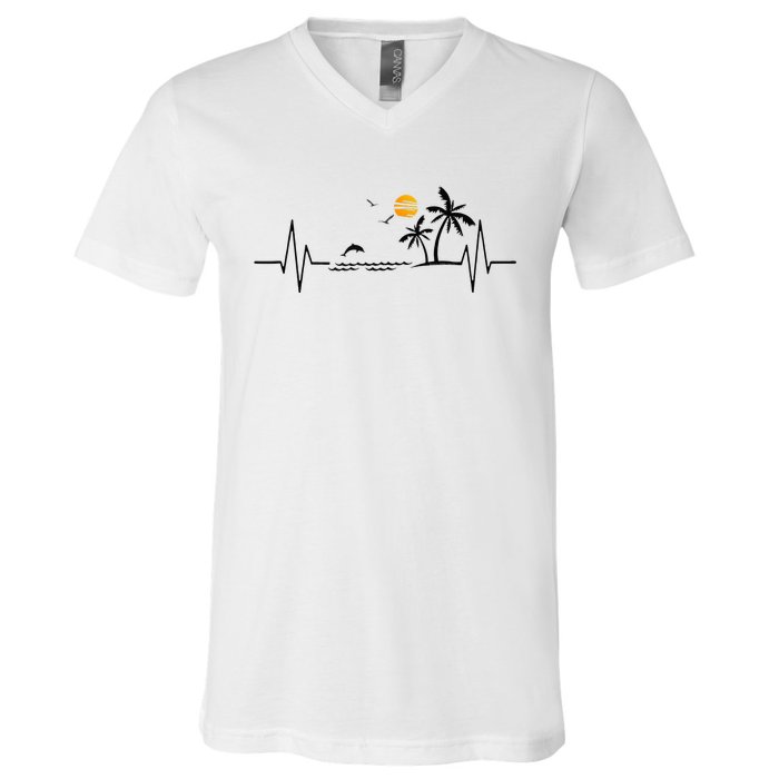 Heartbeat With Tropical Palm Trees Beach Island And Dolphin V-Neck T-Shirt