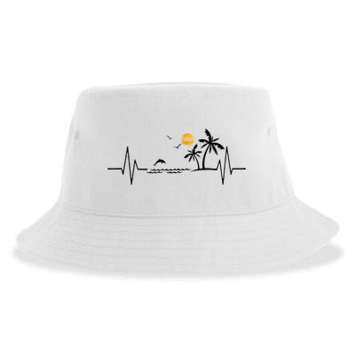Heartbeat With Tropical Palm Trees Beach Island And Dolphin Sustainable Bucket Hat