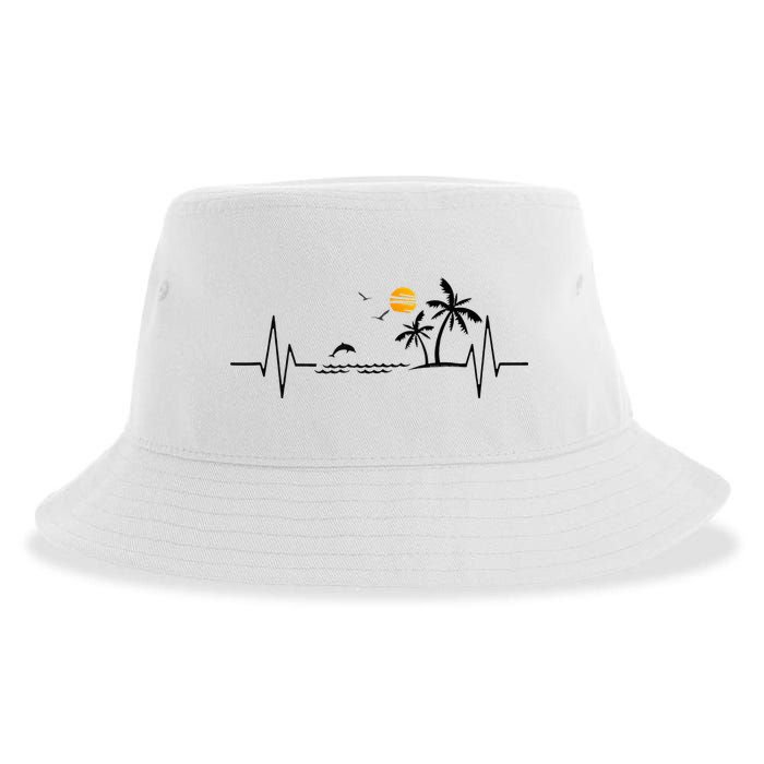 Heartbeat With Tropical Palm Trees Beach Island And Dolphin Sustainable Bucket Hat