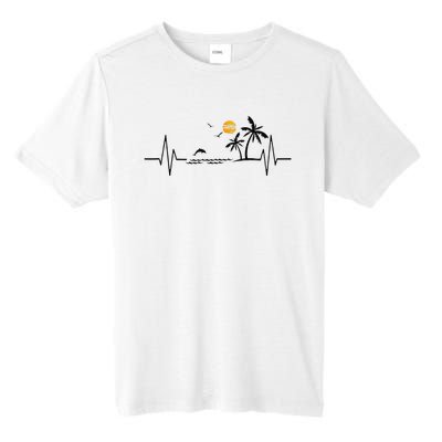 Heartbeat With Tropical Palm Trees Beach Island And Dolphin Tall Fusion ChromaSoft Performance T-Shirt