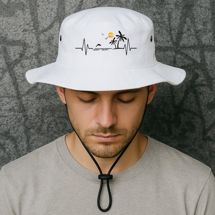 Heartbeat With Tropical Palm Trees Beach Island And Dolphin Bucket Hat