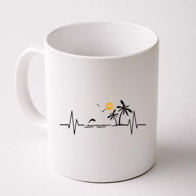 Heartbeat With Tropical Palm Trees Beach Island And Dolphin Mug