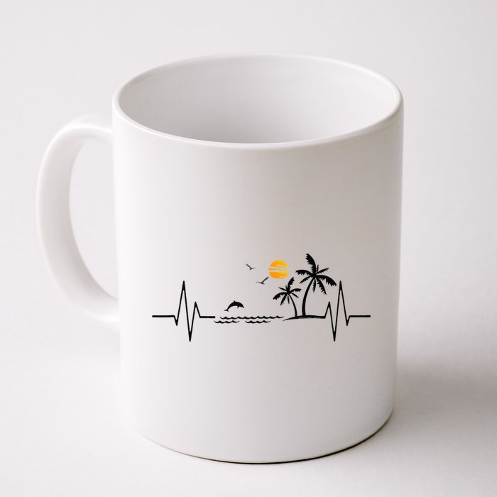 Heartbeat With Tropical Palm Trees Beach Island And Dolphin Mug