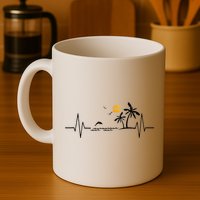 Heartbeat With Tropical Palm Trees Beach Island And Dolphin Mug