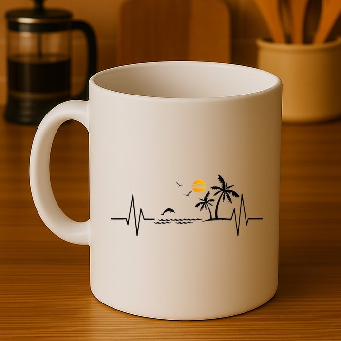 Heartbeat With Tropical Palm Trees Beach Island And Dolphin Mug