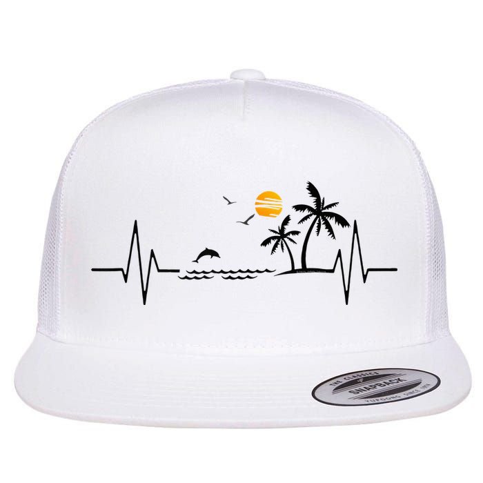 Heartbeat With Tropical Palm Trees Beach Island And Dolphin Flat Bill Trucker Hat