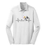 Heartbeat With Tropical Palm Trees Beach Island And Dolphin Silk Touch Performance Long Sleeve Polo