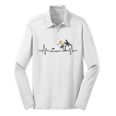 Heartbeat With Tropical Palm Trees Beach Island And Dolphin Silk Touch Performance Long Sleeve Polo