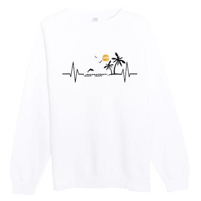 Heartbeat With Tropical Palm Trees Beach Island And Dolphin Premium Crewneck Sweatshirt