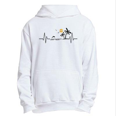 Heartbeat With Tropical Palm Trees Beach Island And Dolphin Urban Pullover Hoodie