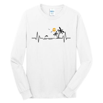 Heartbeat With Tropical Palm Trees Beach Island And Dolphin Tall Long Sleeve T-Shirt