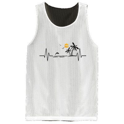 Heartbeat With Tropical Palm Trees Beach Island And Dolphin Mesh Reversible Basketball Jersey Tank