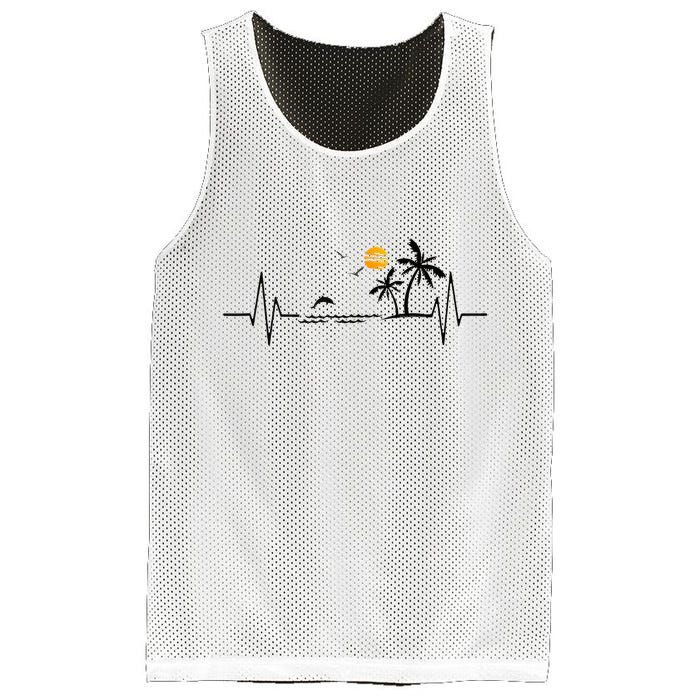 Heartbeat With Tropical Palm Trees Beach Island And Dolphin Mesh Reversible Basketball Jersey Tank
