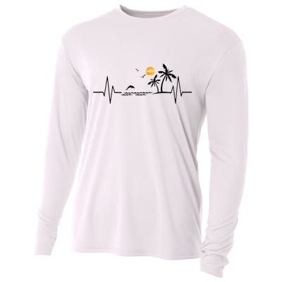 Heartbeat With Tropical Palm Trees Beach Island And Dolphin Cooling Performance Long Sleeve Crew