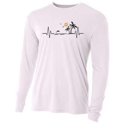 Heartbeat With Tropical Palm Trees Beach Island And Dolphin Cooling Performance Long Sleeve Crew