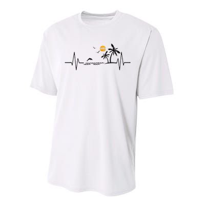 Heartbeat With Tropical Palm Trees Beach Island And Dolphin Performance Sprint T-Shirt