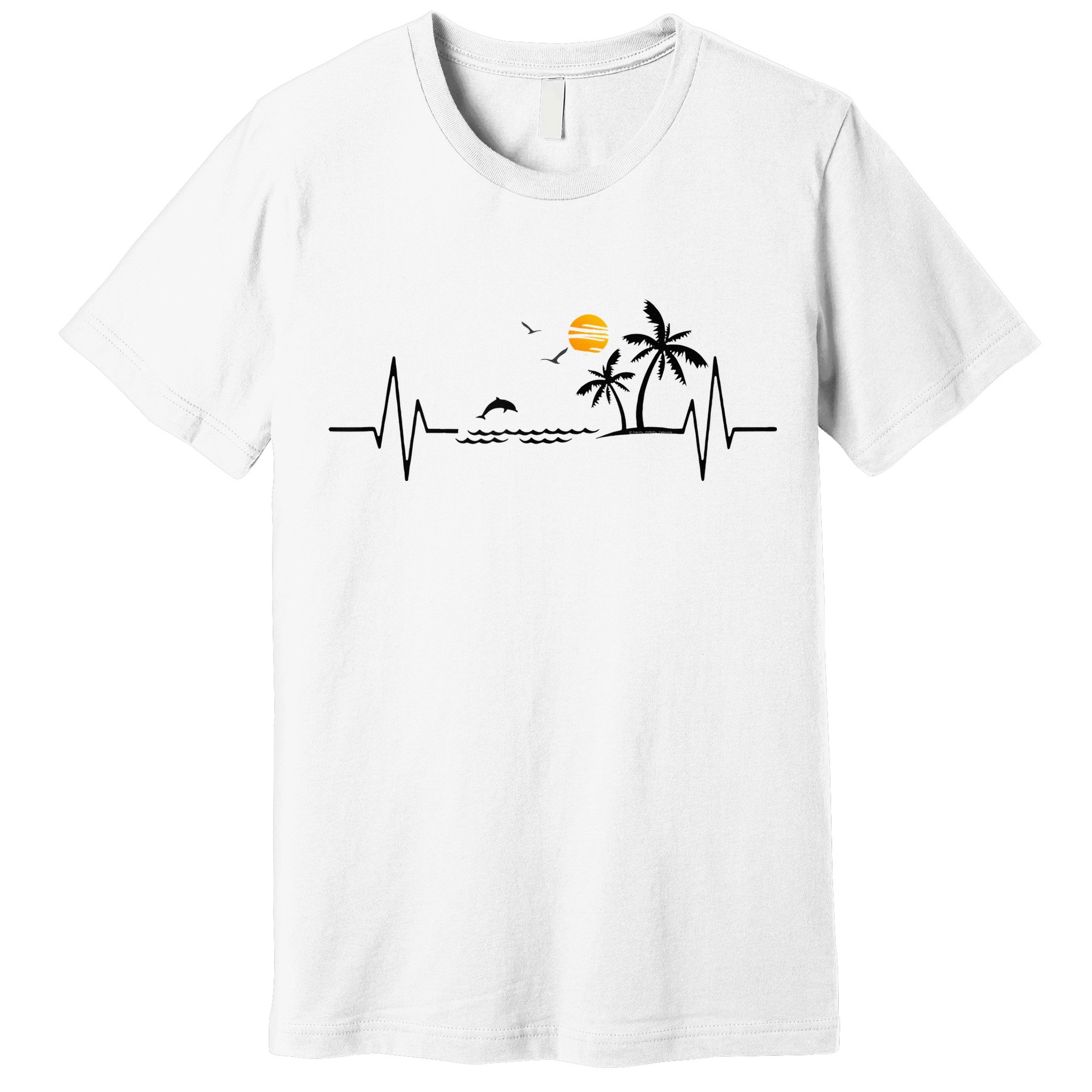 Heartbeat With Tropical Palm Trees Beach Island And Dolphin Premium T-Shirt