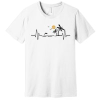 Heartbeat With Tropical Palm Trees Beach Island And Dolphin Premium T-Shirt