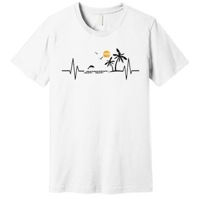 Heartbeat With Tropical Palm Trees Beach Island And Dolphin Premium T-Shirt