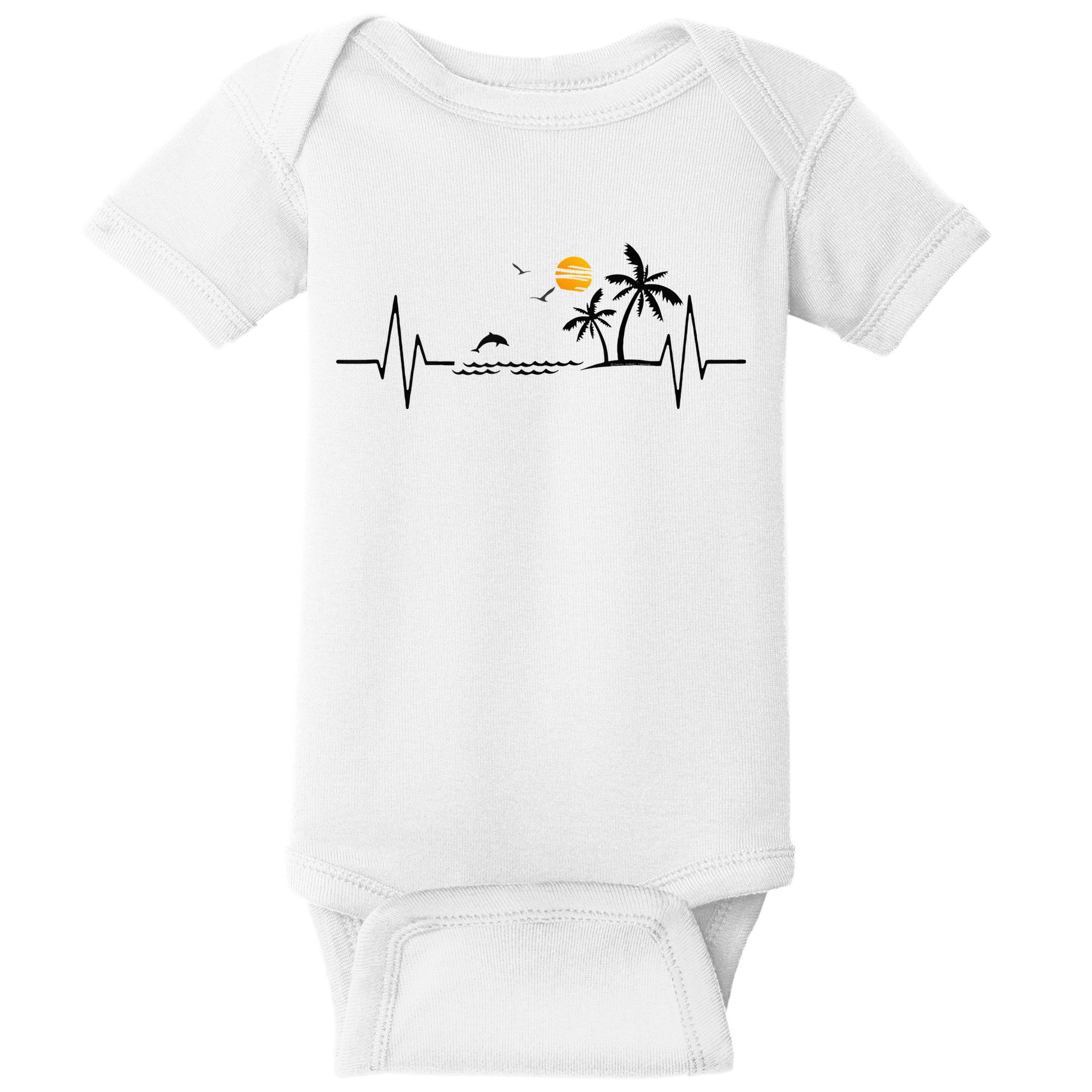 Heartbeat With Tropical Palm Trees Beach Island And Dolphin Baby Bodysuit