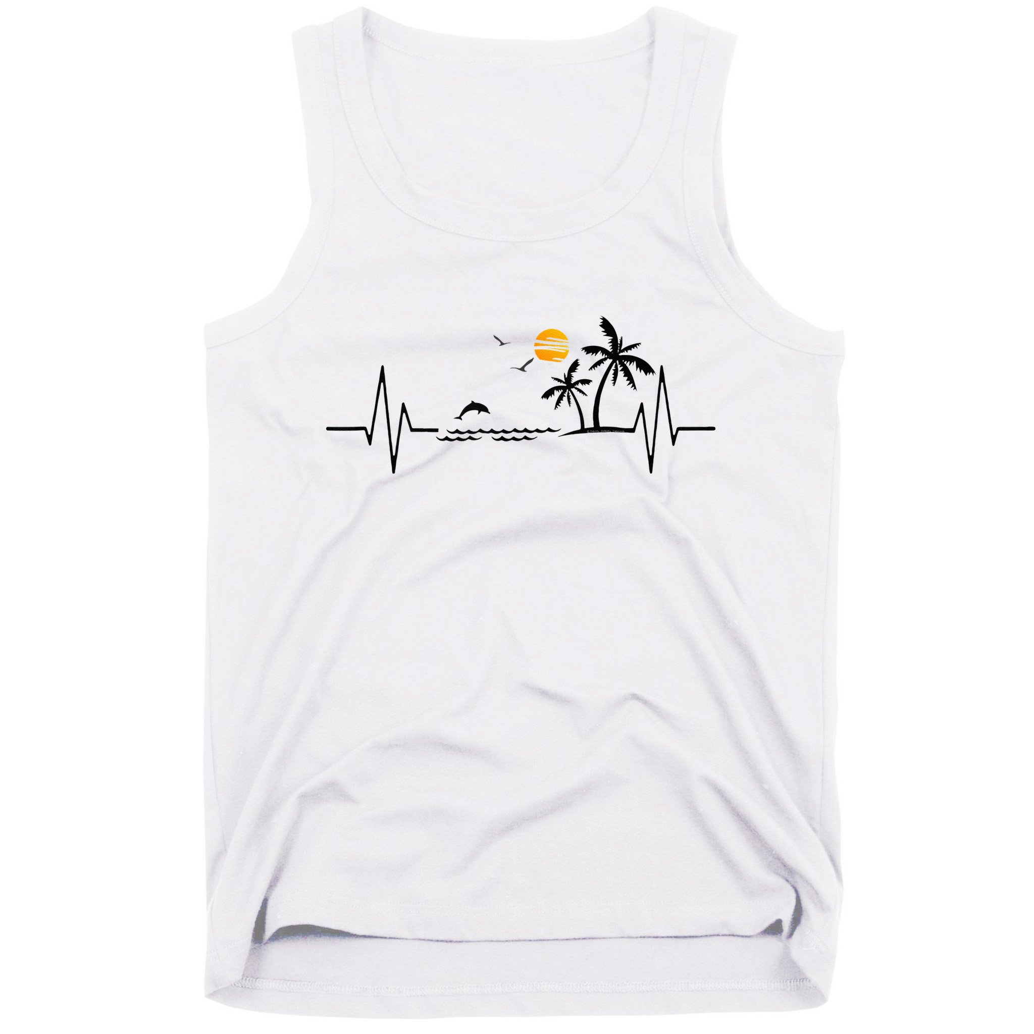 Heartbeat With Tropical Palm Trees Beach Island And Dolphin Tank Top