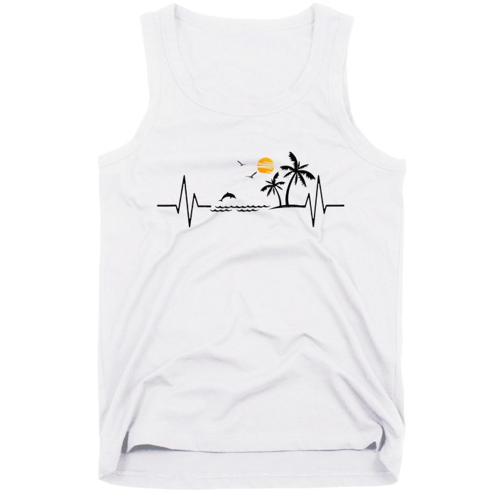 Heartbeat With Tropical Palm Trees Beach Island And Dolphin Tank Top