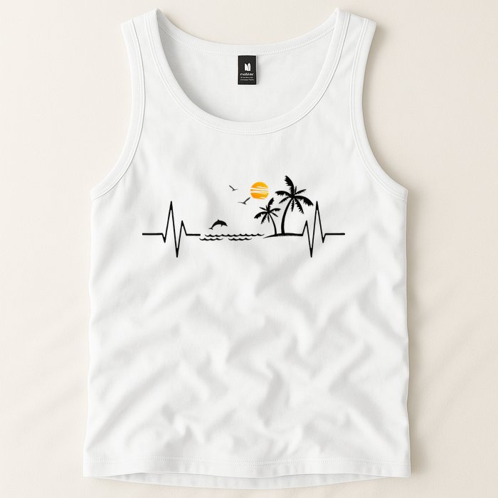 Heartbeat With Tropical Palm Trees Beach Island And Dolphin Tank Top