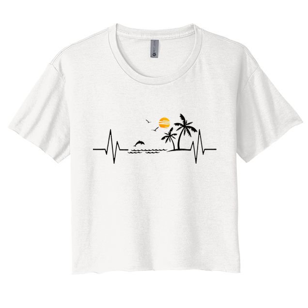 Heartbeat With Tropical Palm Trees Beach Island And Dolphin Women's Crop Top Tee