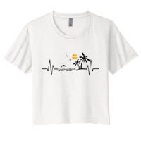 Heartbeat With Tropical Palm Trees Beach Island And Dolphin Women's Crop Top Tee