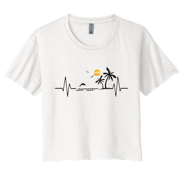 Heartbeat With Tropical Palm Trees Beach Island And Dolphin Women's Crop Top Tee