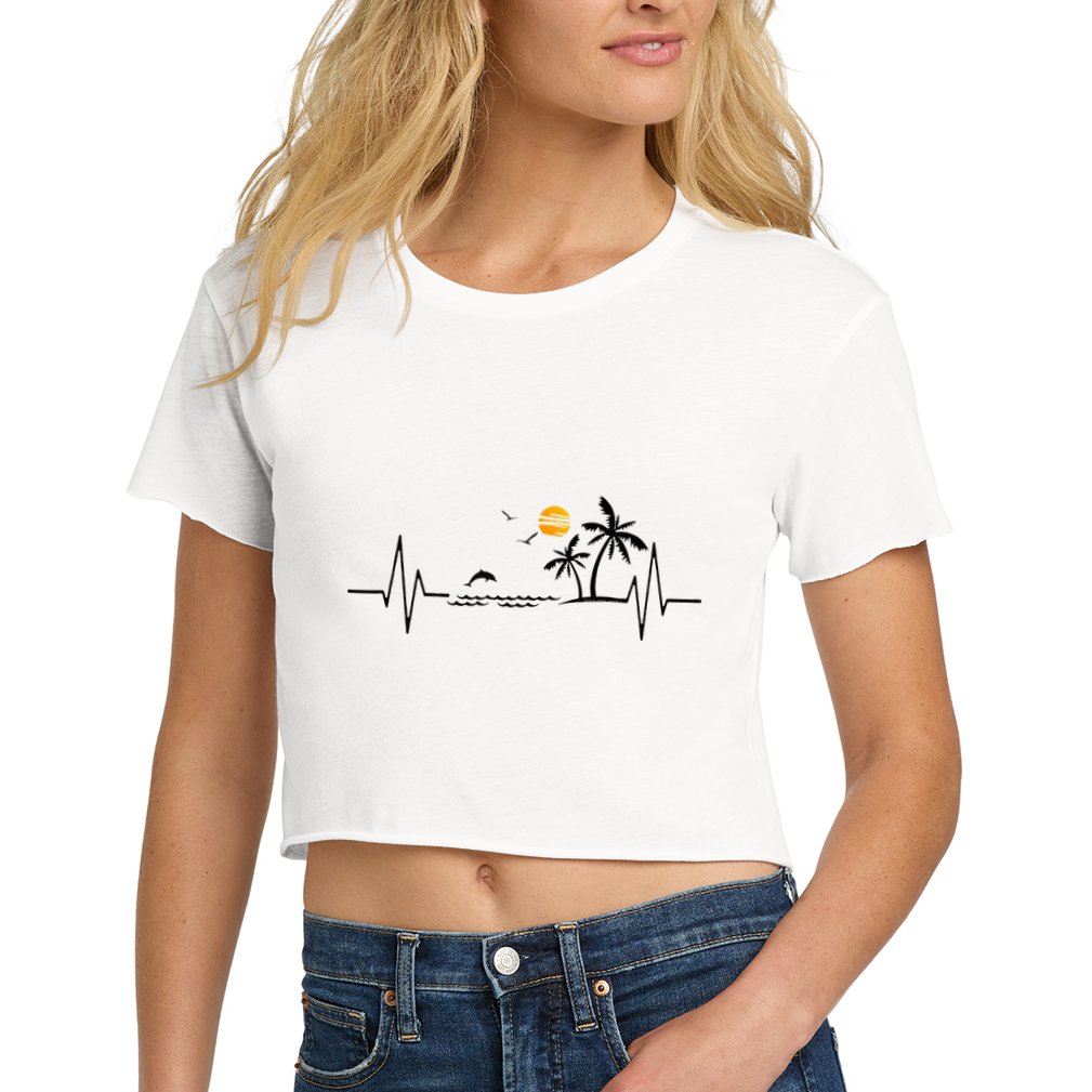 Heartbeat With Tropical Palm Trees Beach Island And Dolphin Women's Crop Top Tee