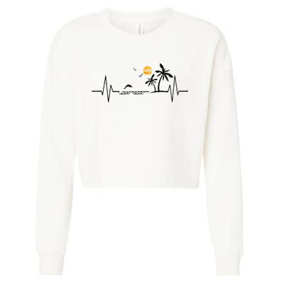 Heartbeat With Tropical Palm Trees Beach Island And Dolphin Cropped Pullover Crew