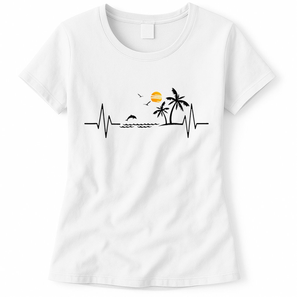 Heartbeat With Tropical Palm Trees Beach Island And Dolphin Womens T-Shirt