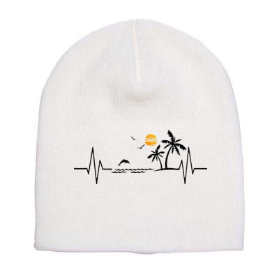 Heartbeat With Tropical Palm Trees Beach Island And Dolphin Short Acrylic Beanie