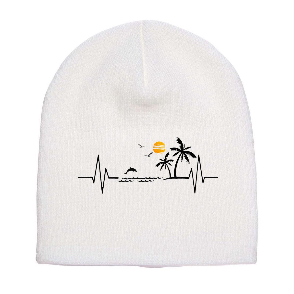 Heartbeat With Tropical Palm Trees Beach Island And Dolphin Short Acrylic Beanie