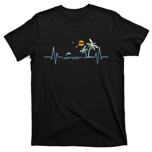 Heartbeat With Tropical Palm Trees Beach Island Sunset T-Shirt