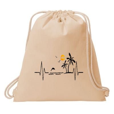 Heartbeat With Tropical Palm Trees Beach Island And Dolphin Drawstring Bag