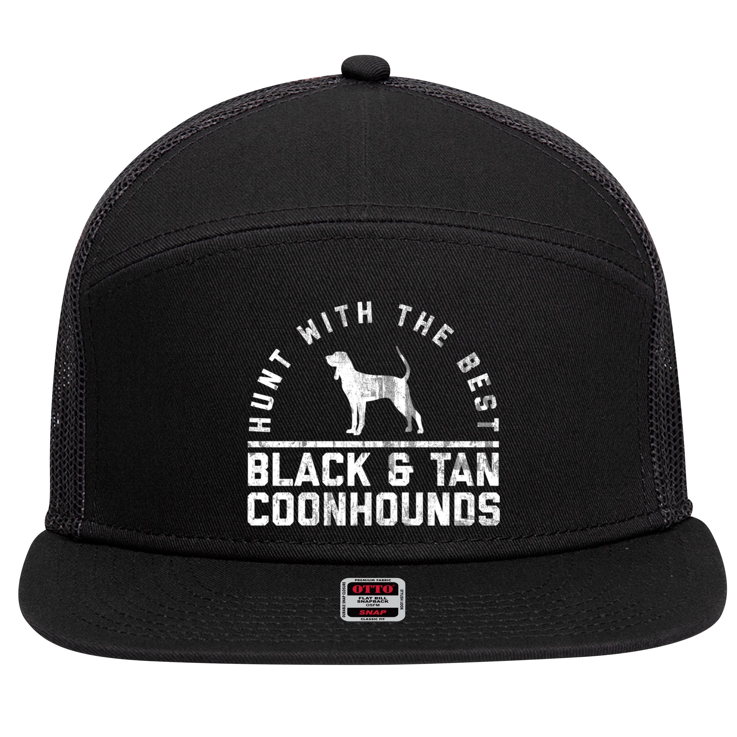 Hunt With The Best ~ Black And Tan Coonhound Gift Distressed Great Gift 7 Panel Mesh Trucker Snapback Hat