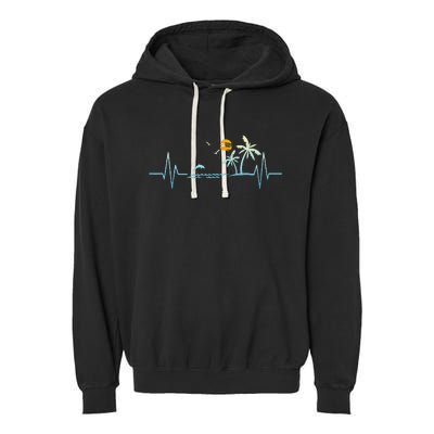 Heartbeat With Tropical Palm Trees Beach Island Sunset Garment-Dyed Fleece Hoodie