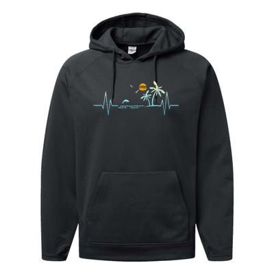 Heartbeat With Tropical Palm Trees Beach Island Sunset Performance Fleece Hoodie