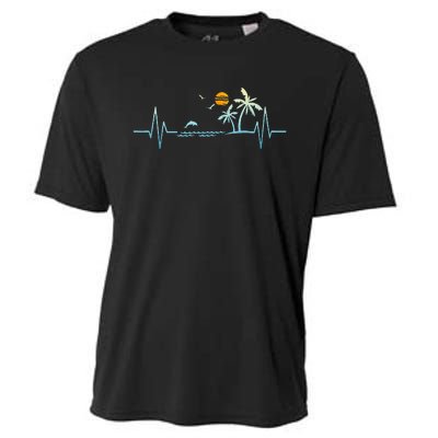 Heartbeat With Tropical Palm Trees Beach Island Sunset Cooling Performance Crew T-Shirt