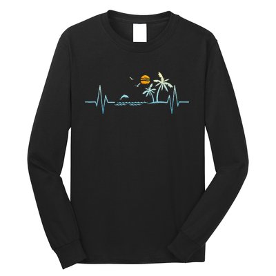 Heartbeat With Tropical Palm Trees Beach Island Sunset Long Sleeve Shirt