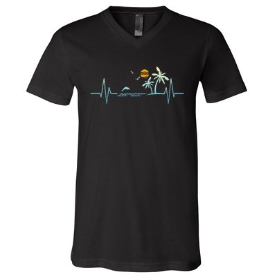 Heartbeat With Tropical Palm Trees Beach Island Sunset V-Neck T-Shirt