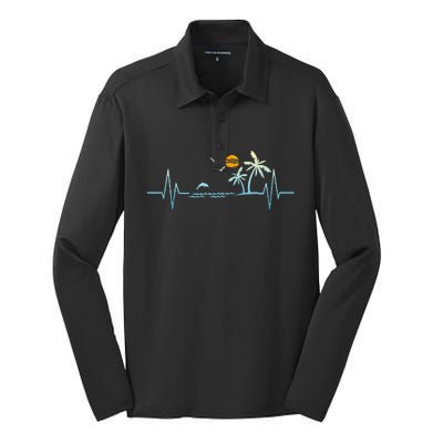 Heartbeat With Tropical Palm Trees Beach Island Sunset Silk Touch Performance Long Sleeve Polo