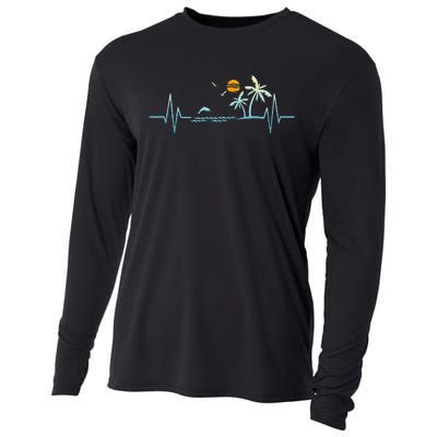 Heartbeat With Tropical Palm Trees Beach Island Sunset Cooling Performance Long Sleeve Crew