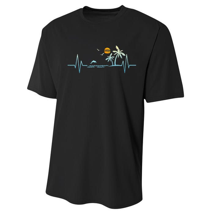 Heartbeat With Tropical Palm Trees Beach Island Sunset Performance Sprint T-Shirt