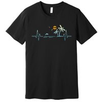 Heartbeat With Tropical Palm Trees Beach Island Sunset Premium T-Shirt