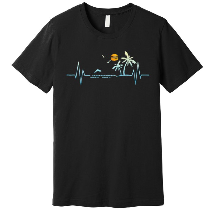 Heartbeat With Tropical Palm Trees Beach Island Sunset Premium T-Shirt