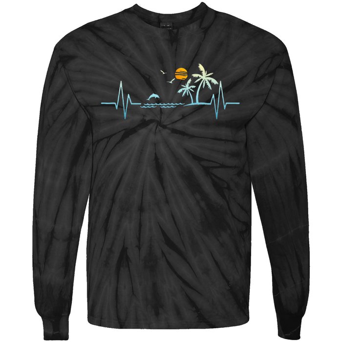 Heartbeat With Tropical Palm Trees Beach Island Sunset Tie-Dye Long Sleeve Shirt