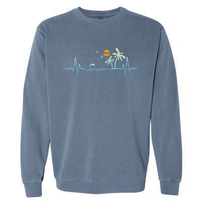 Heartbeat With Tropical Palm Trees Beach Island Sunset Garment-Dyed Sweatshirt